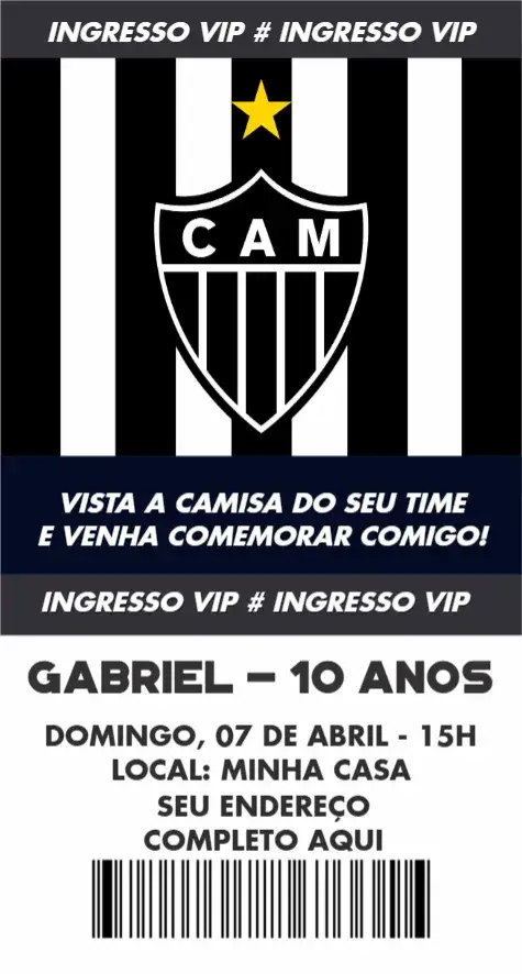 Convite Atlético Mineiro ingresso – tema Aniversário galo, futebol, moderno, colorido, animado