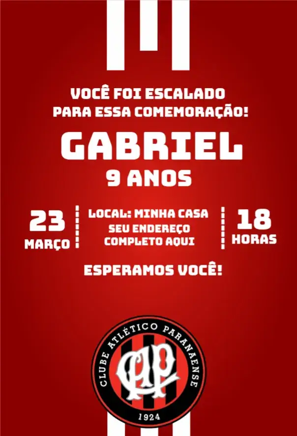 Convite Atlético Paranaense – tema Aniversário vermelho e preto, futebol, moderno, temático, esportivo