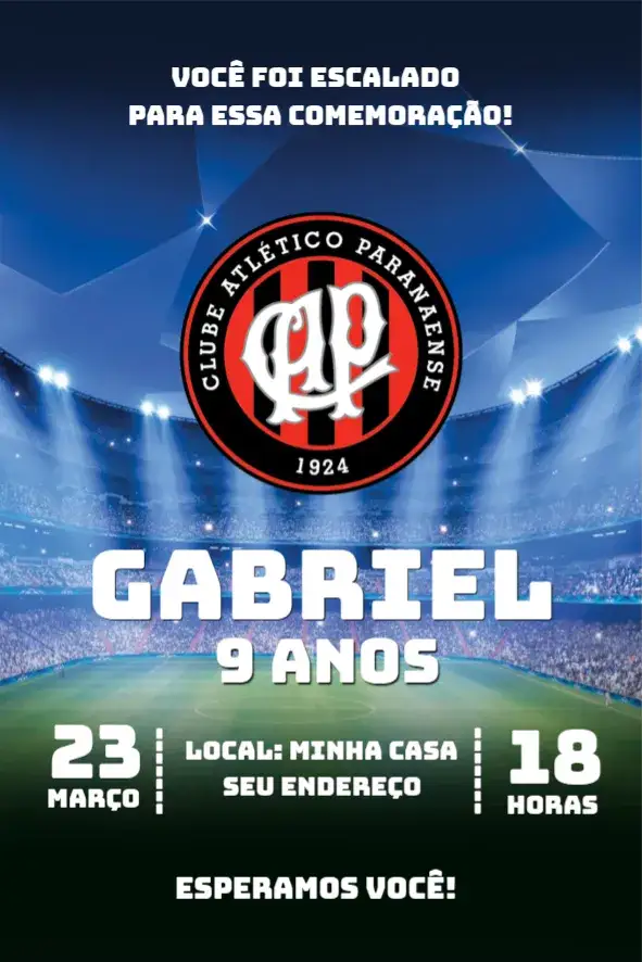 Convite Atlético Paranaense 2 – tema Aniversário esportivo, vibrante, moderno, colorido, futebol, jovial