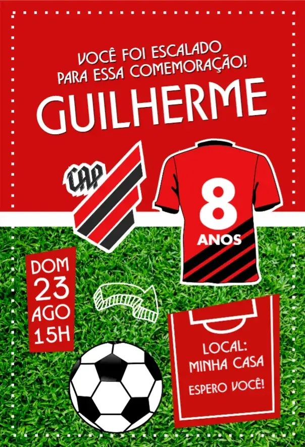 Convite Atlético Paranaense camisa – tema Aniversário cores do time, moderno, esportivo, vibrante, dinâmico