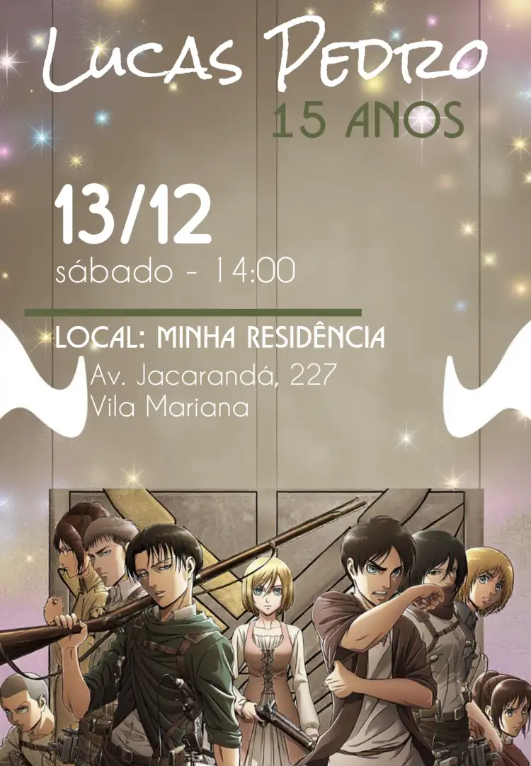Convite Attack On Titan Anime Animes – tema Aniversário Infantil anime, japão, aventura, colorido, moderno