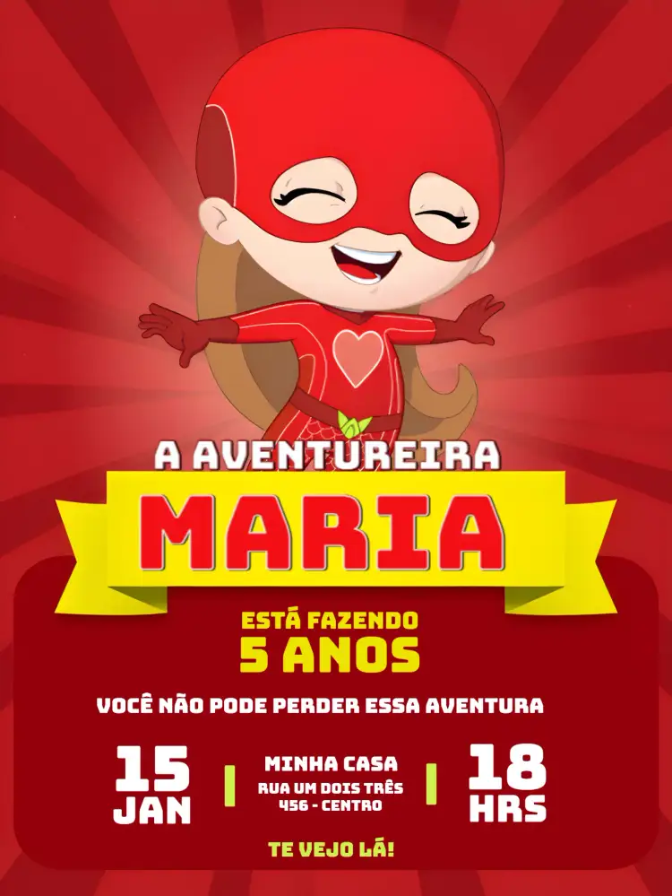 Convite Aventureira Vermelha - Gi Menino – tema Mais pesquisados vermelho, aventura, colorido, brincadeiras, ilustrações infantis