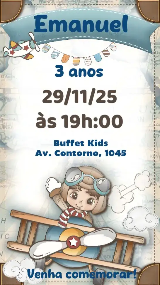 Convite Aviador – tema Aniversário Infantil avião, nuvens, azul claro, divertido, infantil