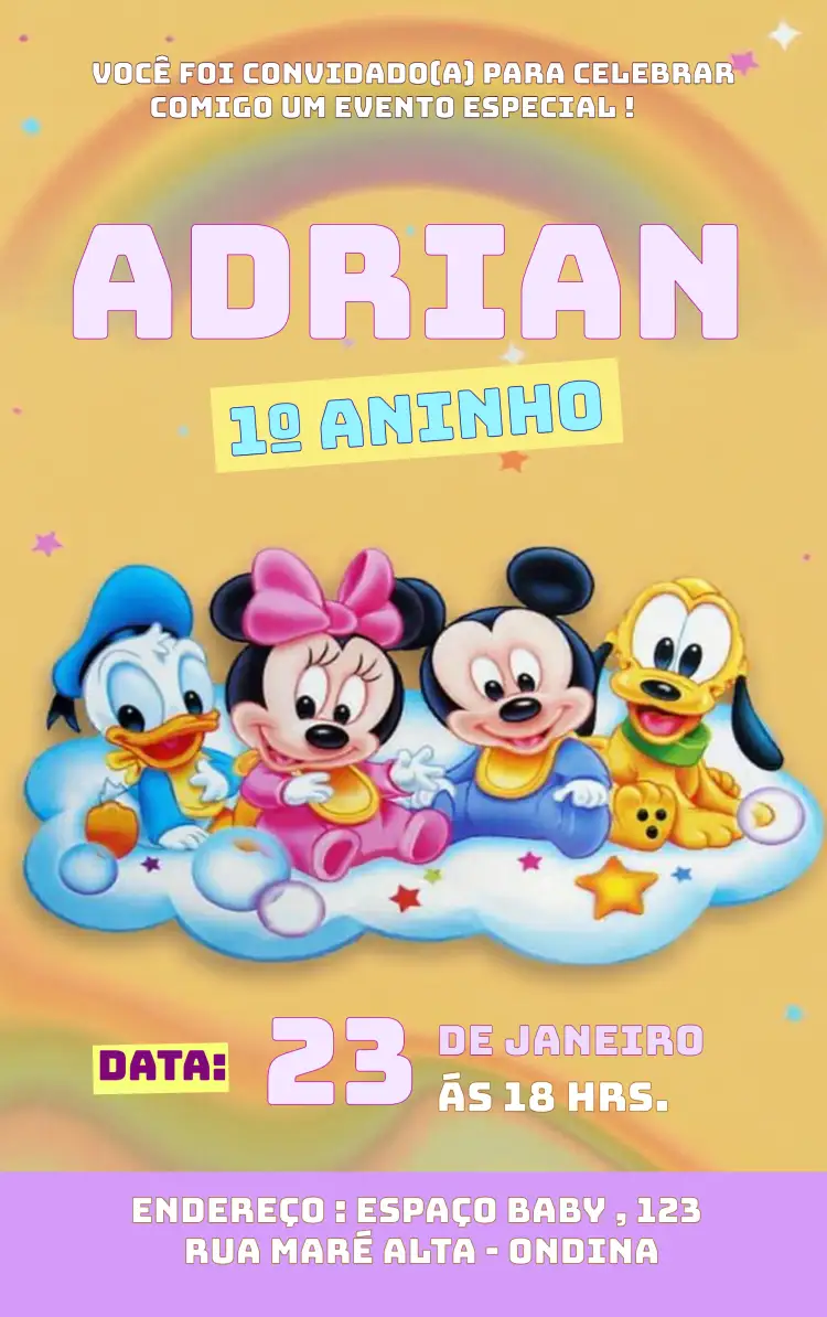 Convite Baby Looney Tunes Babylooneytunes – tema Aniversário Infantil Disney Baby, Infantil, Nuvem, Arco-íris
