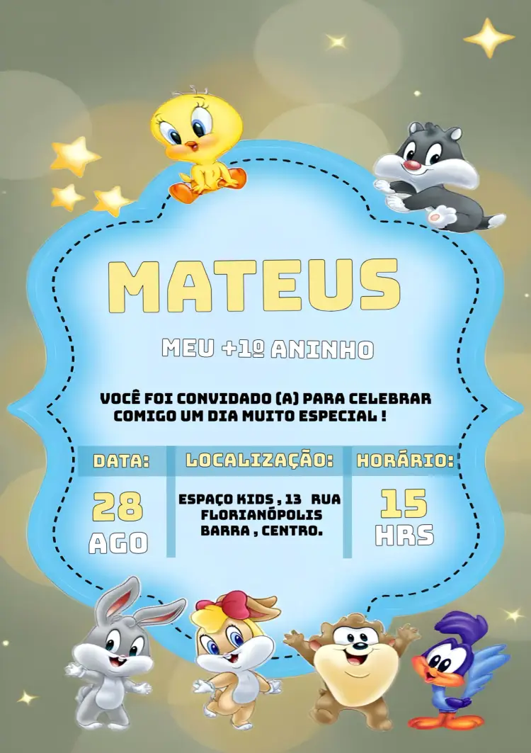 Convite Baby Looney Tunes Bday
