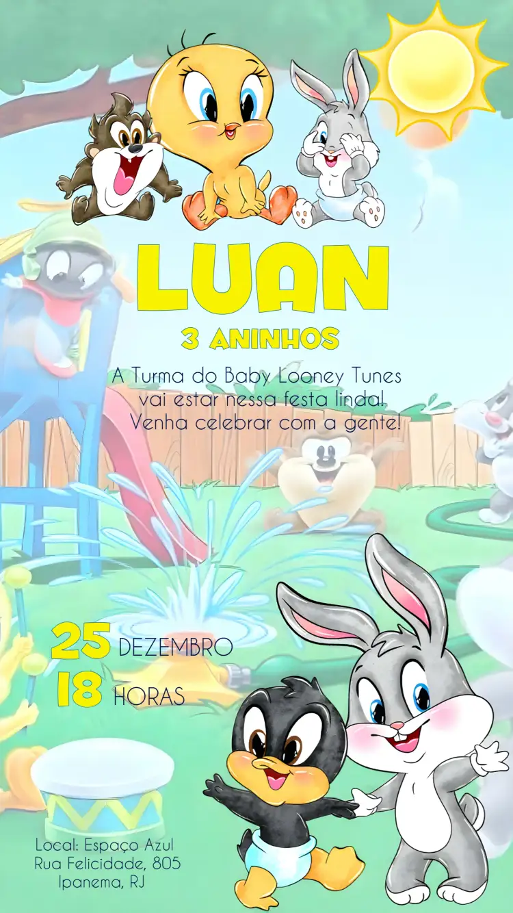 Convite Baby Looney Tunes Infantil – tema Mais pesquisados watercolor, colorido, divertido, infantil, personagens animados