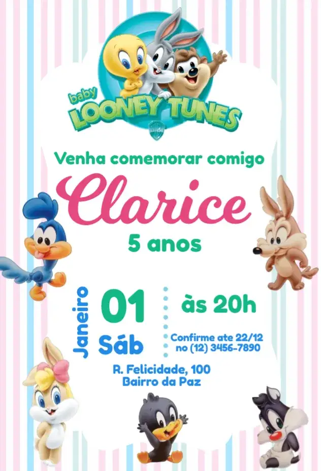Convite Baby Looney Tunes Listrado – tema Mais pesquisados colorido, divertido, infantil, listrado, personagens animados