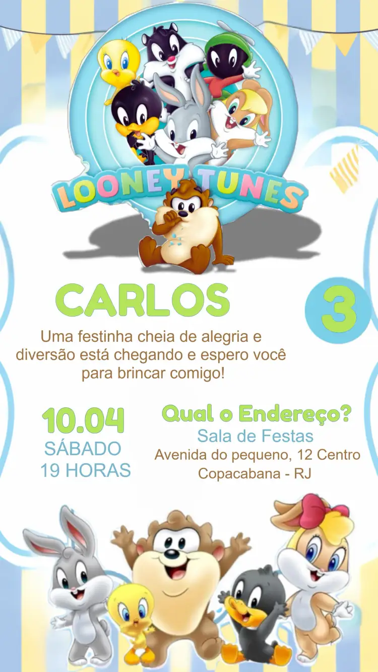 Convite Baby Looney Tunes Tazz – tema Mais pesquisados colorido, divertido, infantil, temático, vibrante