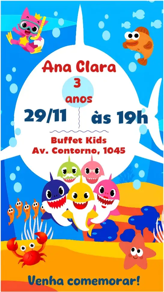 Convite Baby Shark – tema Aniversário Infantil marinho, colorido, divertido, temático, animado