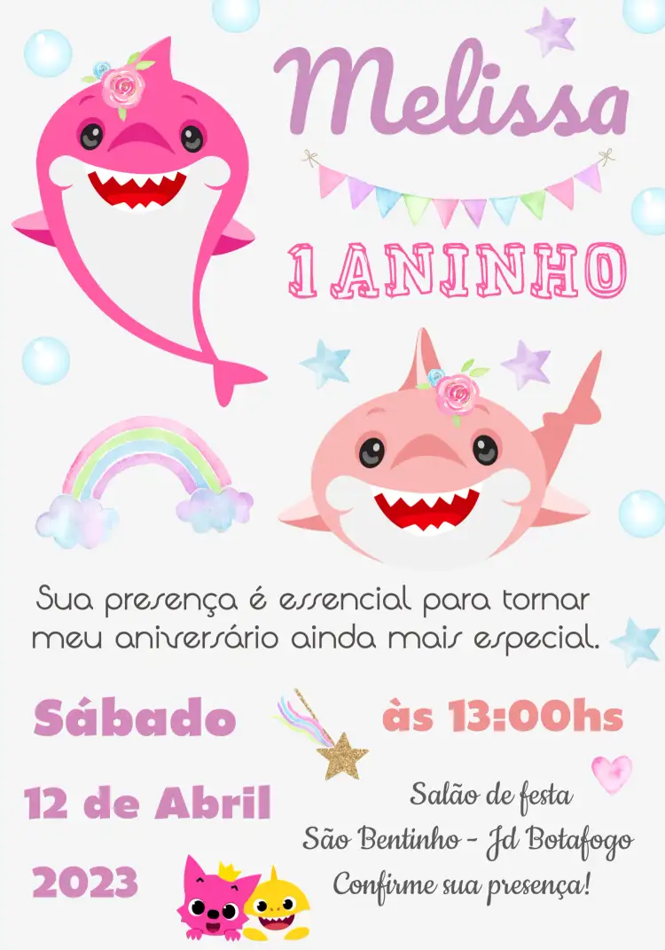Convite Baby Shark 2 – tema Datas Comemorativas rosa, marinho, divertido, colorido, infantil, animado