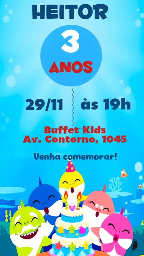 Convite Baby Shark – tema Aniversário Infantil marinho, colorido, divertido, lúdico, animado, tropical