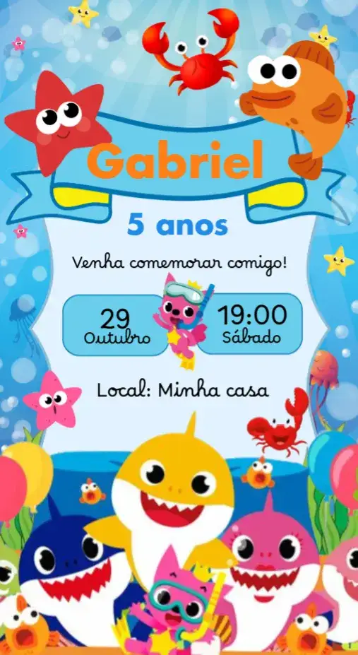 Convite Baby Shark – tema Aniversário Infantil colorido, marinho, divertido, lúdico, temático