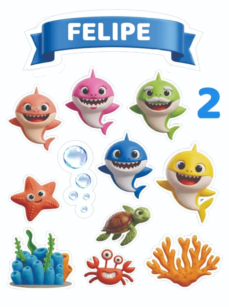 Convite Baby Shark – tema Topo de bolo colorido, marinho, divertido, ilustrações animadas, infantil, brincalhão