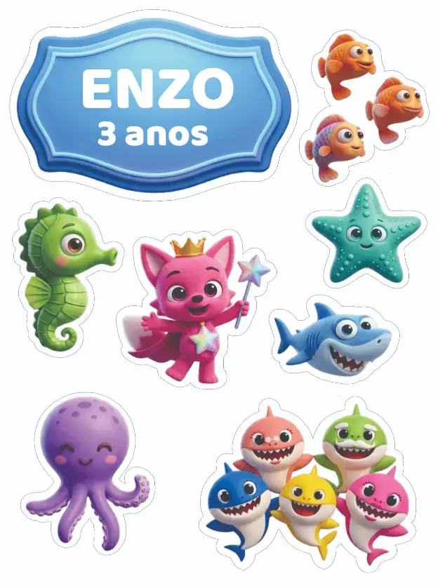 Convite Baby Shark – tema Topo de bolo colorido, lúdico, marinho, divertido, tropical
