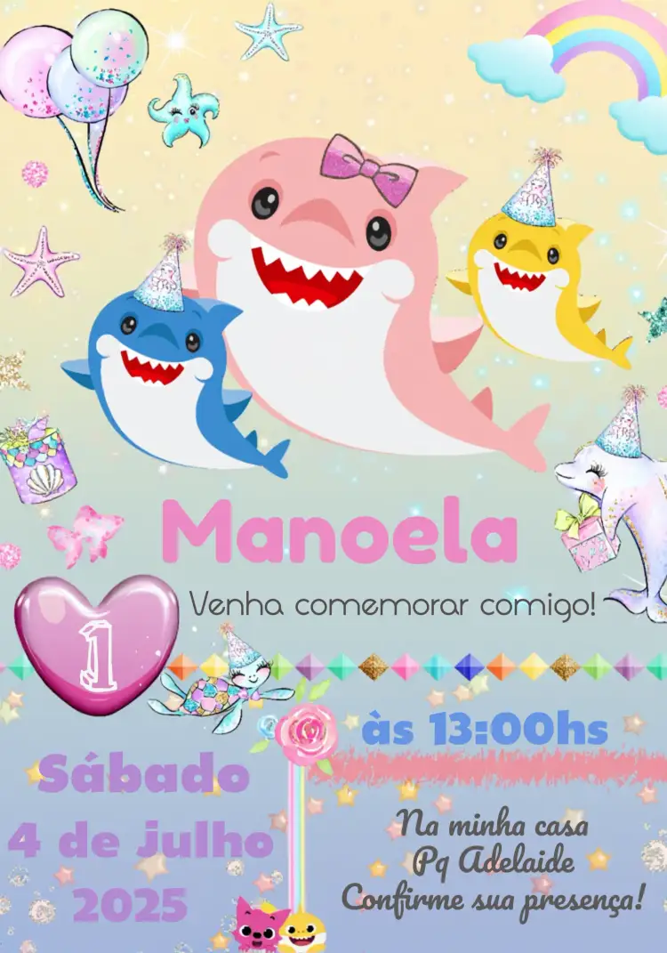 Convite Baby Shark Ano – tema Datas Comemorativas cores vibrantes, estilo lúdico, elementos aquáticos, ilustrações divertidas, tema rosa, design moderno