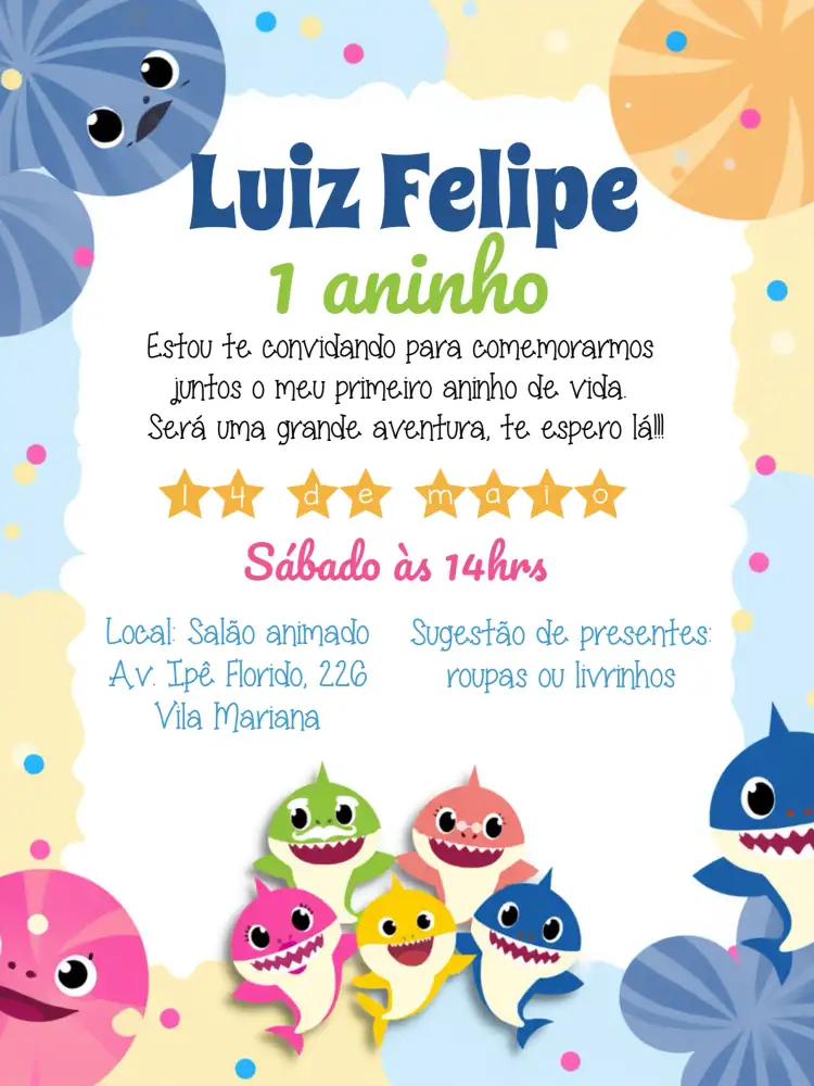 Convite Baby Shark Colorido – tema Datas Comemorativas colorido, marinheiro, fundo do mar, infantil, divertido