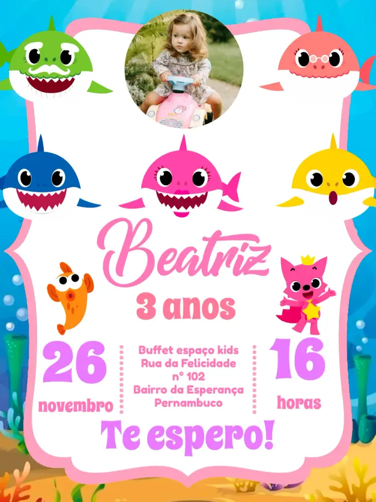 Convite Baby Shark Com Foto Branco