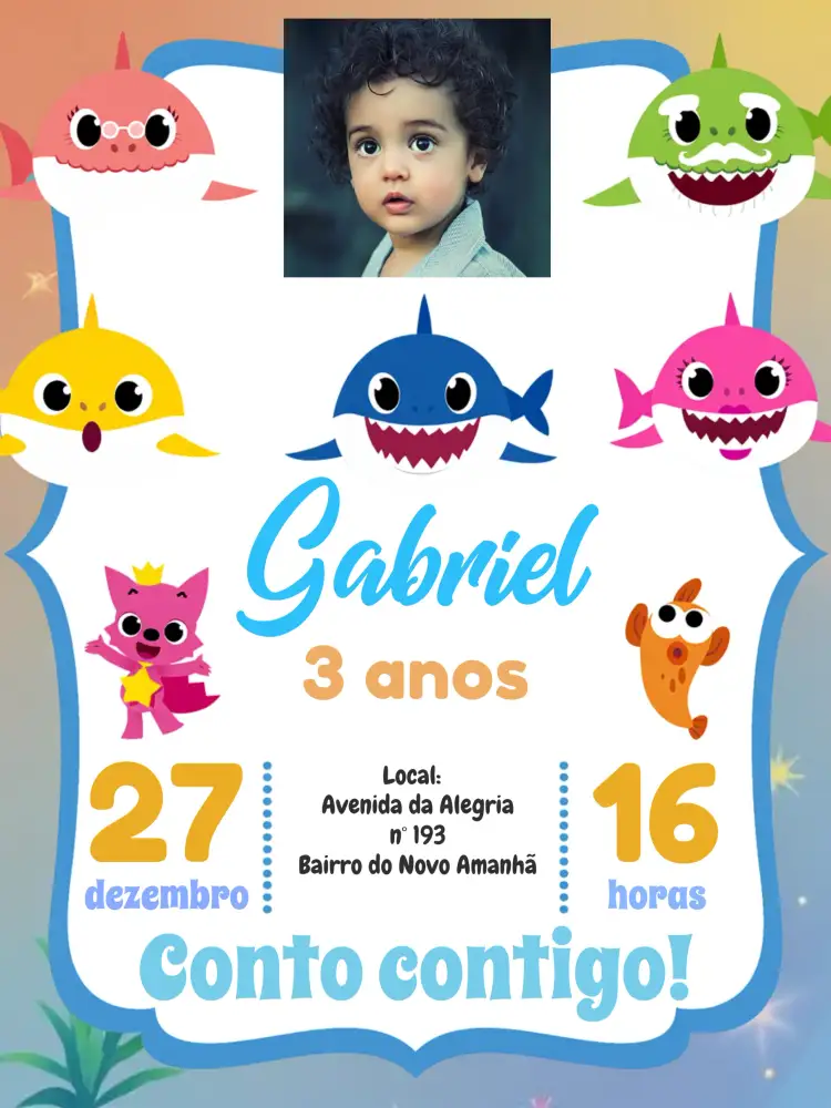 Convite Baby Shark Com Foto Fundo – tema Aniversário Infantil fundo do mar, colorido, divertido, temático, infantil, marinho