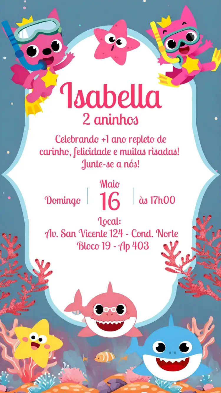 Convite Baby Shark Desenho – tema Aniversário Infantil colorido, marinho, divertido, infantil, ilustração, temática