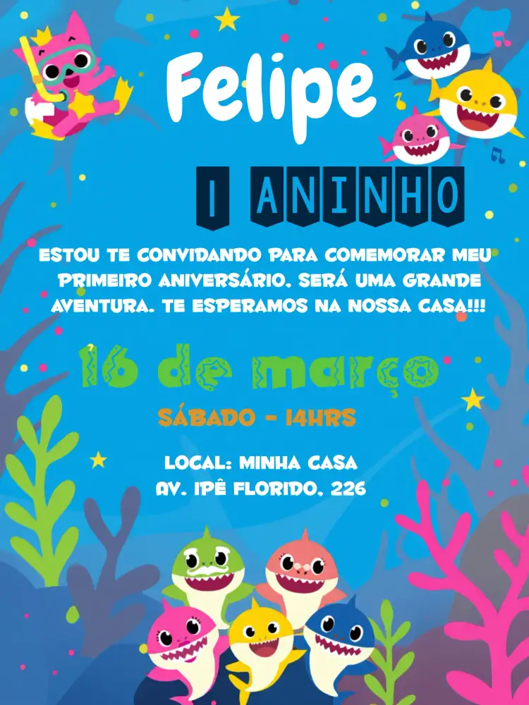 Convite Baby Shark Fundo – tema Datas Comemorativas colorido, fundo do mar, infantil, divertido, temático, marinheiro