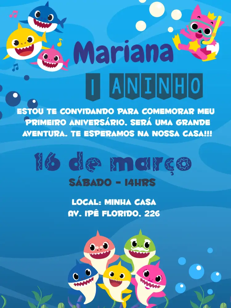 Convite Baby Shark Infantil – tema Datas Comemorativas colorido, marinheiro, subaquático, divertido, infantil, temático
