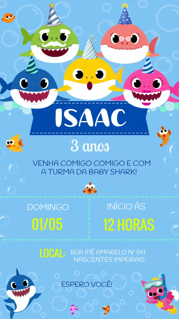 Convite Baby Shark Infantil – tema Mais pesquisados marinho, colorido, infantil, divertido, vibrante, lúdico