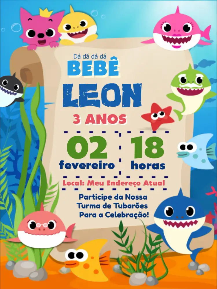Convite Baby Shark Mar – tema Aniversário Infantil marinho, colorido, temática aquática, divertido, infantil, ilustração alegre