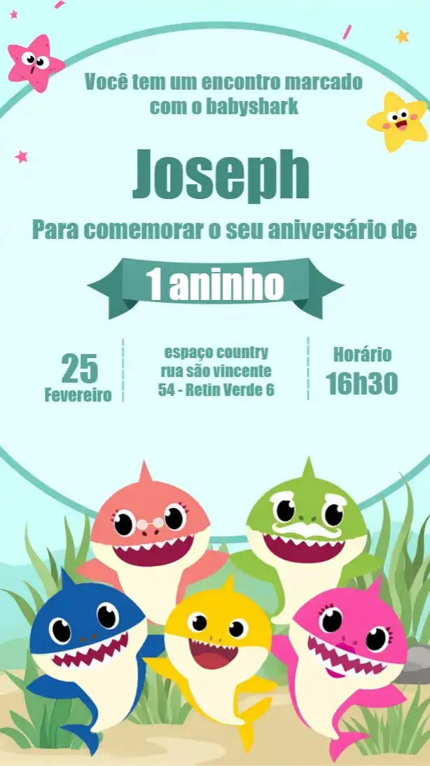 Convite Baby Shark Mar – tema Aniversário Infantil colorido, marinho, divertido, temático, infantil, vibrante