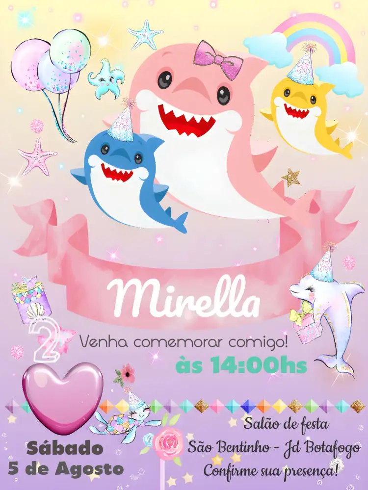 Convite Baby Shark Png – tema Datas Comemorativas rosa, temática infantil, marinho, divertido, colorido, animado