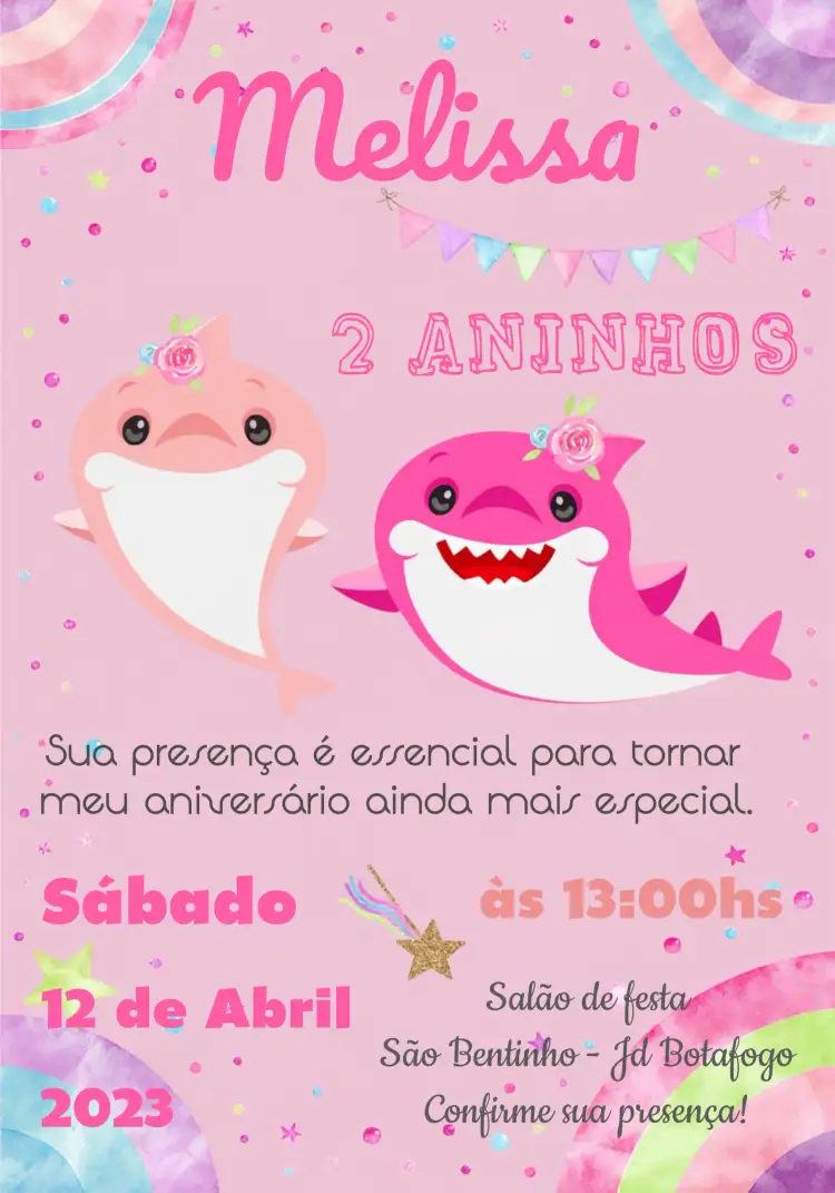 Convite Baby Shark Rosa – tema Datas Comemorativas rosa, divertido, colorido, temático, marinho