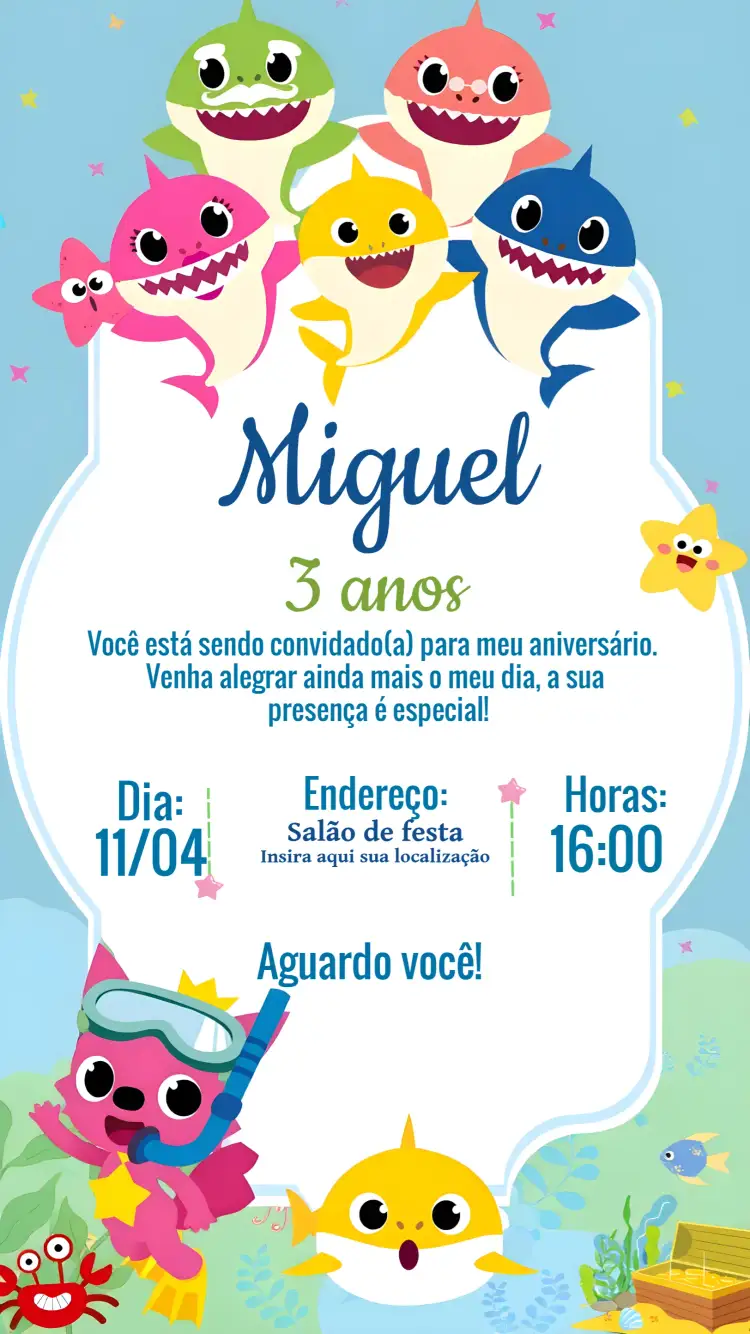 Convite Baby Shark Tubarão – tema Mais pesquisados colorido, marinho, divertido, animais, temático, infantil