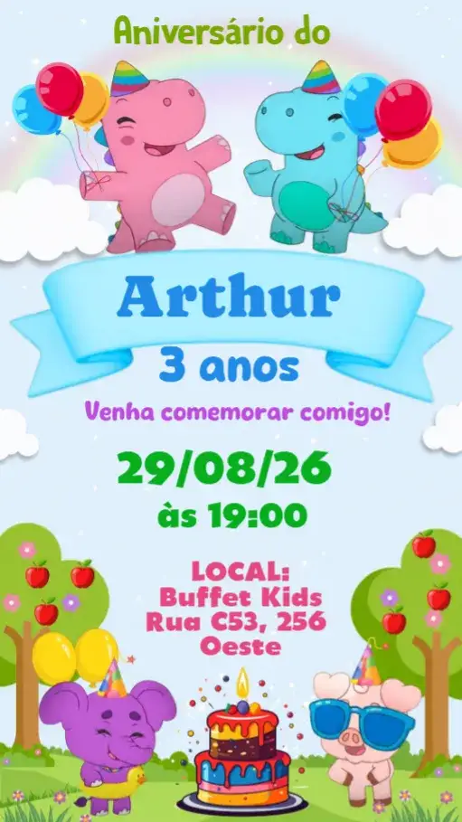 Convite Baby Tube – tema Aniversário Infantil dinossauros, animais, festa infantil