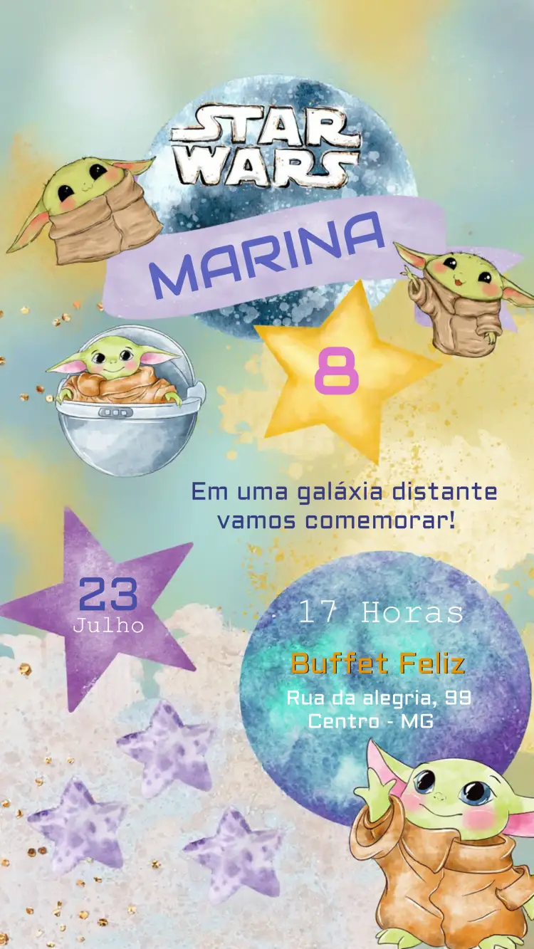 Convite Baby Yoda Grugo – tema Mais pesquisados aquarela, temático, colorido, divertido, moderno, infantil