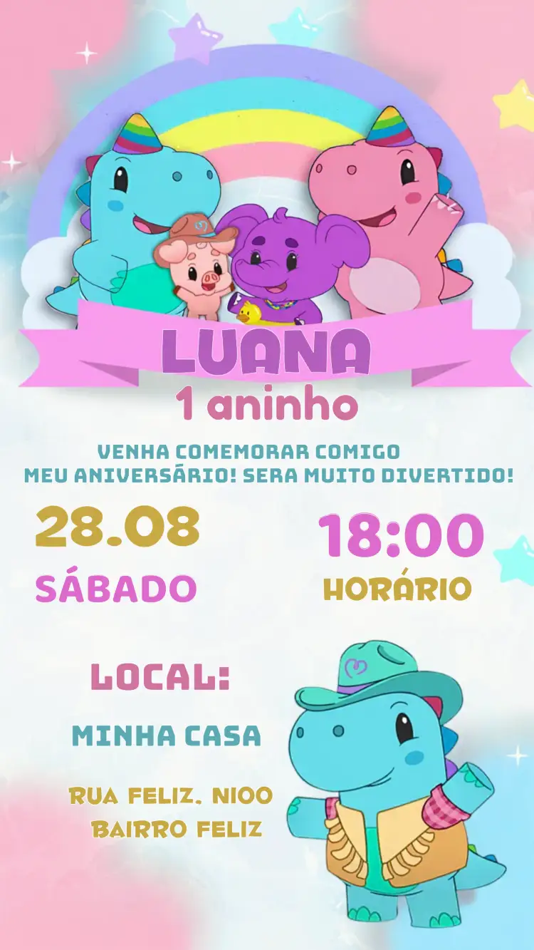 Convite Babytube Dino – tema Mais pesquisados colorido, divertido, dinossauros, infantil, moderno