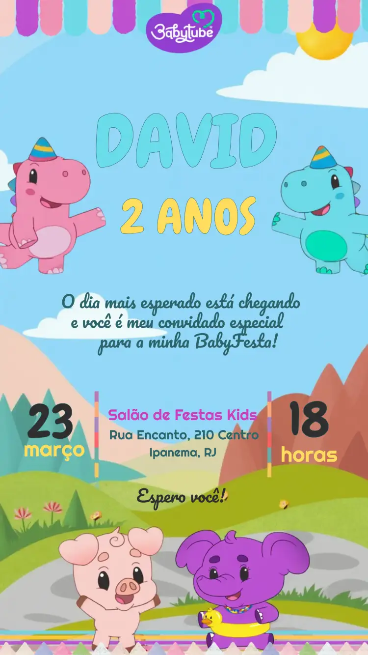 Convite Babytube Infantil – tema Mais pesquisados colorido, divertido, dinossauros, lúdico, temático, infantil