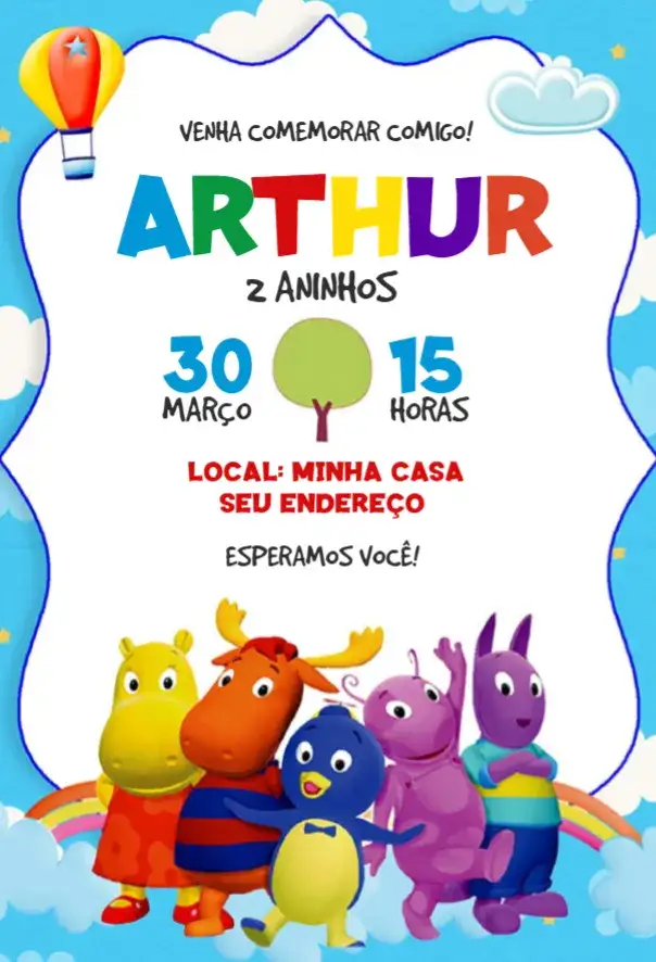 Convite Backyardigans – tema Aniversário colorido, divertido, infantil, temático, animado, brincalhão