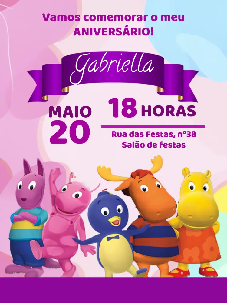 Convite Backyardigans Roxo – tema Aniversário Infantil roxo, divertido, colorido, infantil, temático, lúdico