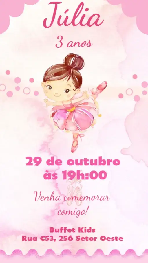 Convite Bailarina – tema Aniversário Infantil cores suaves, tema de balé, ilustrações delicadas, elementos de dança, estilo encantador, toques femininos