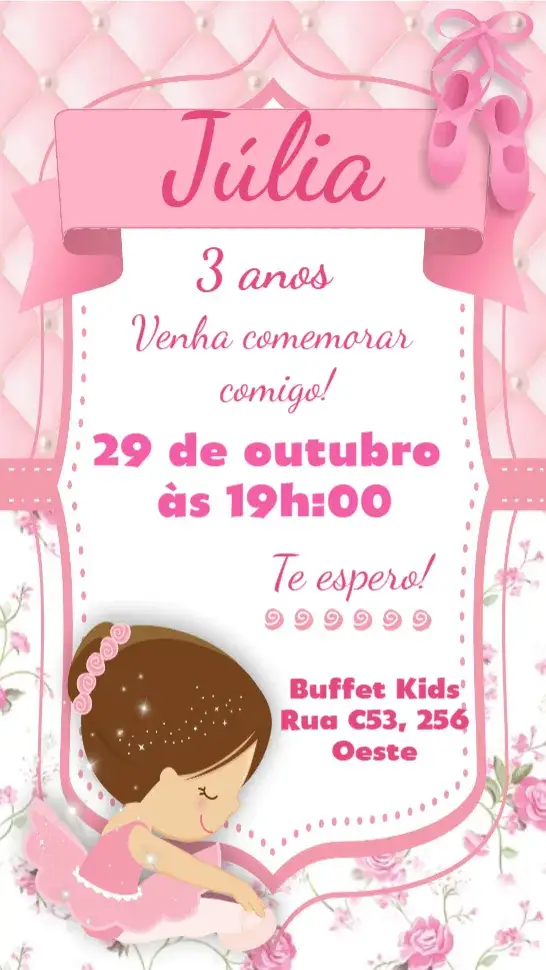 Convite Bailarina – tema Aniversário Infantil cores pastel, estilo lúdico, elementos de dança, design delicado, inspirado em balé, detalhes florais