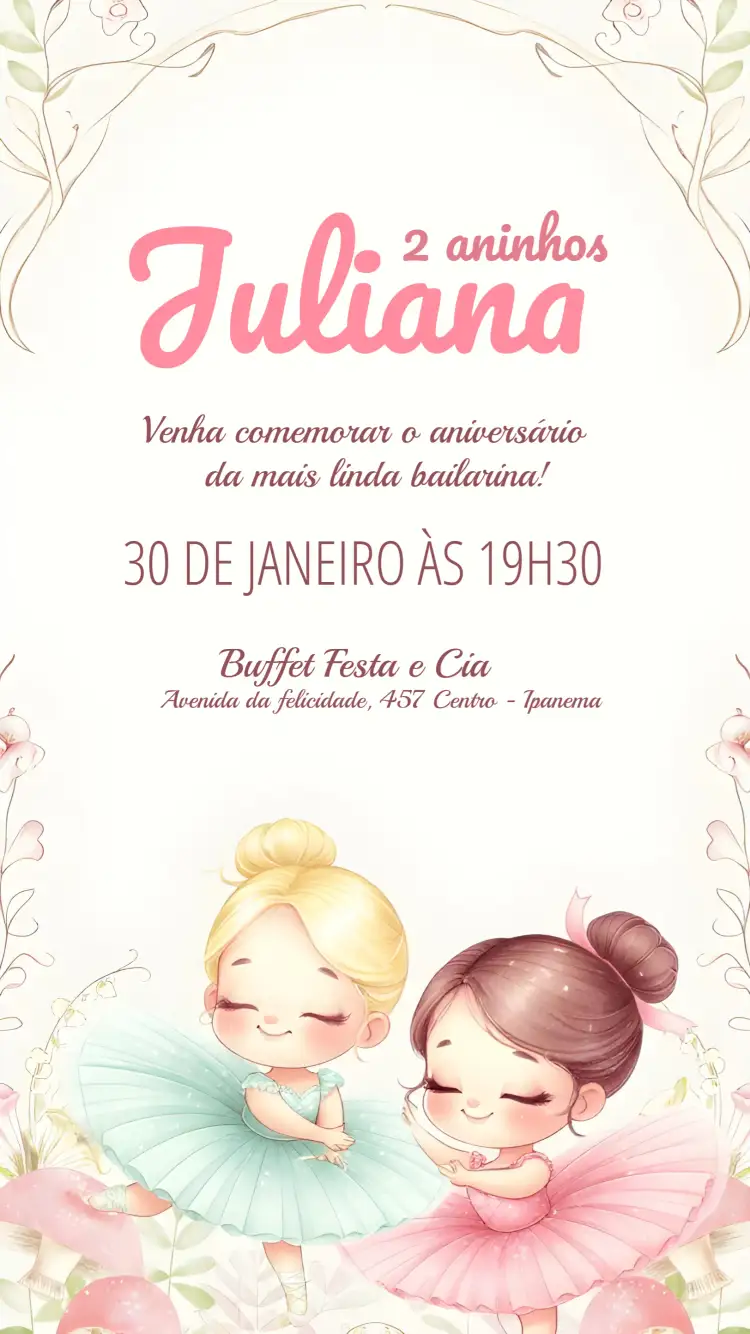 Convite Bailarina Delicado – tema Mais pesquisados floral, delicado, rosa, bailarina, infantil, elegante