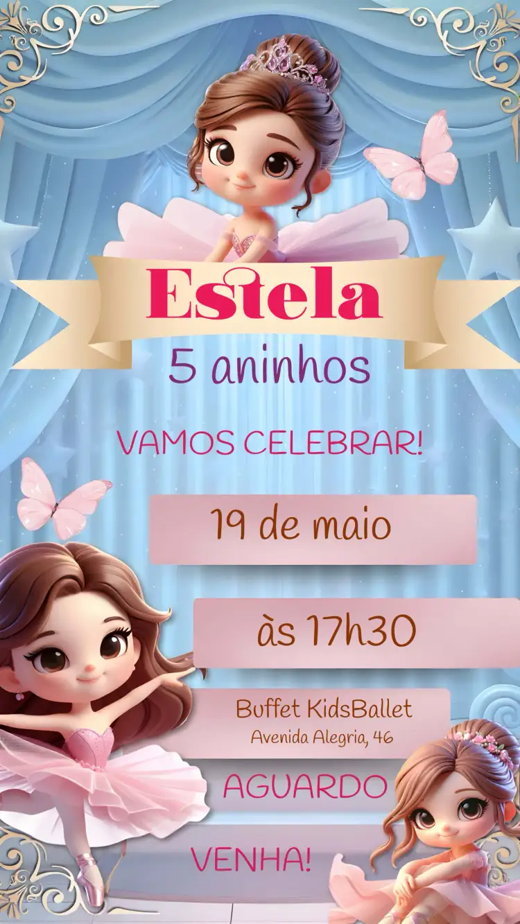 Convite Bailarina Infantil – tema Mais pesquisados rosa, bailarina, infantil, delicado, divertido, festivo