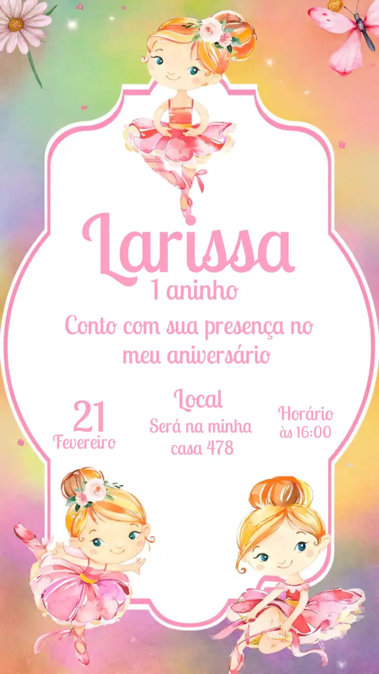 Convite Bailarina Menina – tema Mais pesquisados floral, rosa, branco, delicado, infantil, colorido