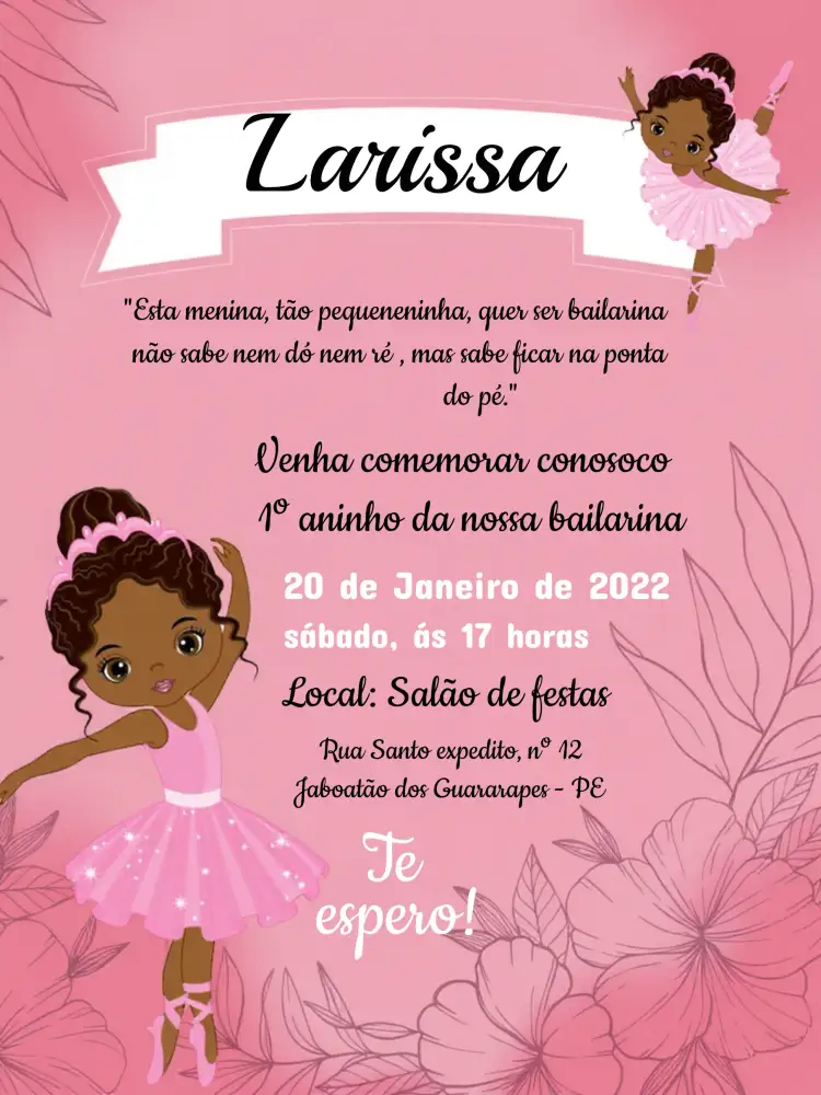 Convite Bailarina Negra Rosa – tema Mais pesquisados rosa, bailarinas, infantil, lúdico, moderno, elegante