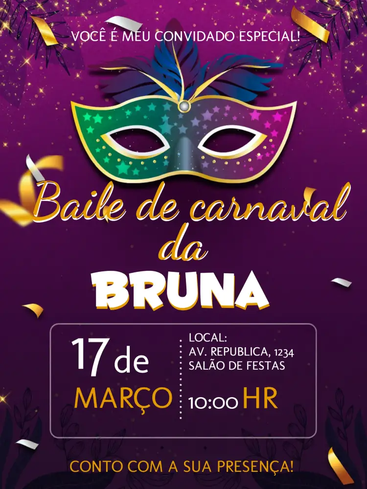 Convite Baile Carnaval Amarelo – tema Datas Comemorativas colorido, festivo, divertido, tropical, brilhante