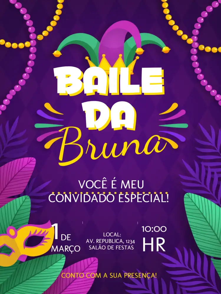 Convite Baile Carnaval Bailinho – tema Datas Comemorativas colorido, divertido, temático, vibrante, festivo