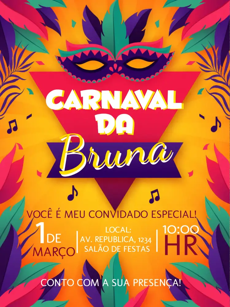 Convite Baile Carnaval Colorido – tema Datas Comemorativas colorido, vibrante, festivo, divertido, tropical