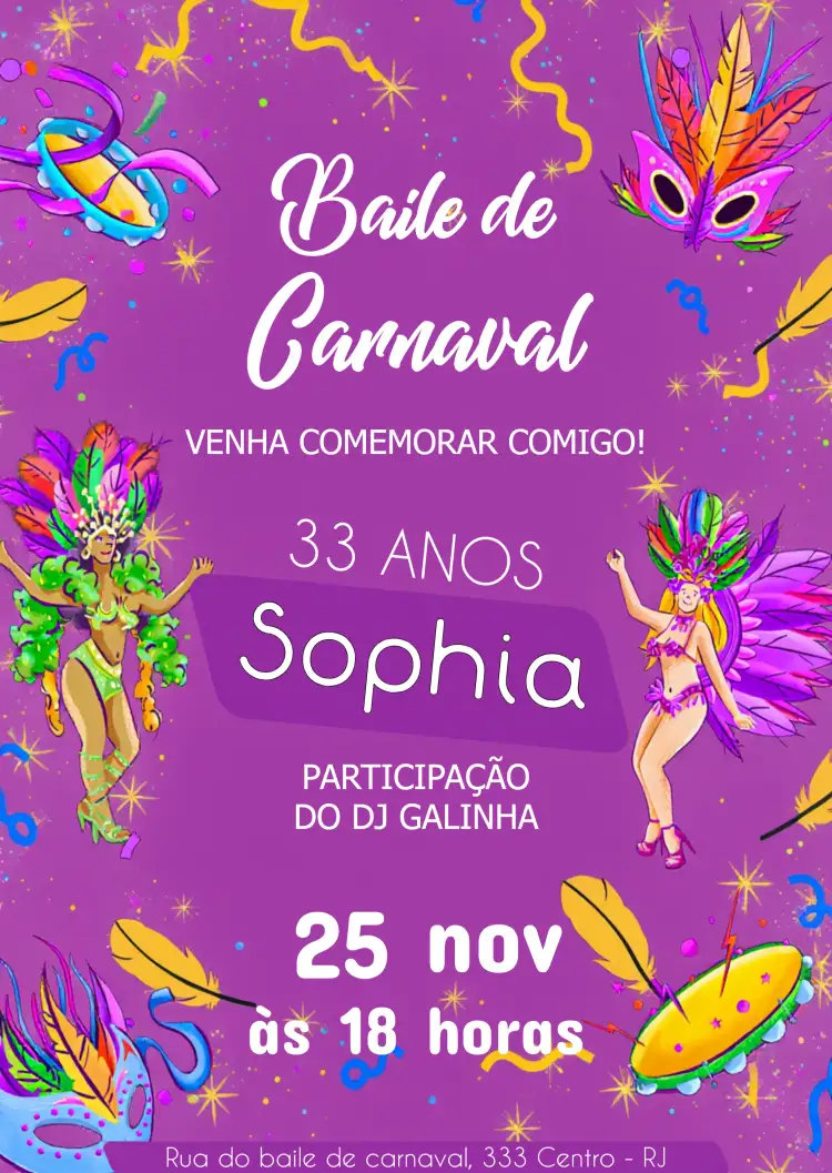 Convite Baile De Carnaval Confeti – tema Datas Comemorativas carnaval, vibrante, colorido, festivo, divertido