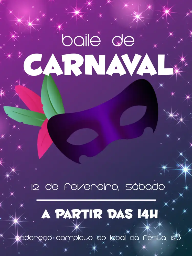 Convite Baile De Carnaval Máscara – tema Datas Comemorativas carnaval, máscaras, roxo e branco, vibrante, festivo, divertido