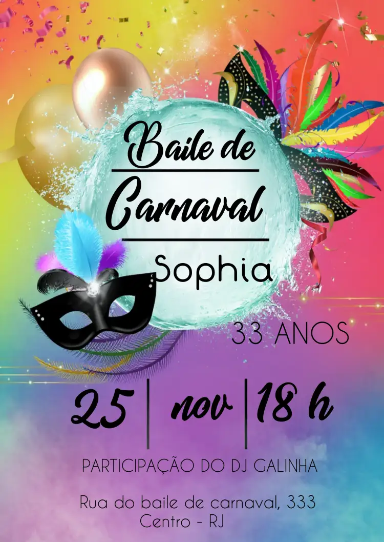 Convite Baile De Carnaval Serpentina – tema Datas Comemorativas colorido, festivo, divertido, tropical, brilhante, temático