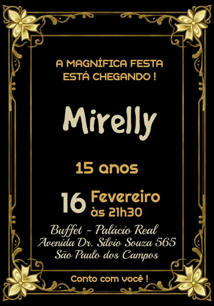 Convite Baile De Máscaras Anos – tema 15 anos dourado, preto, elegante, vintage, clássico, romântico